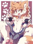  5_fingers anthro biped bottomwear catboy_(sunfleet) clothed clothing domestic_cat eyewear felid feline felis fingers fur gesture glasses hair inner_ear_fluff male mammal nyaswitchnya open_mouth open_smile pawpads shorts smile solo tail topless topless_anthro topless_male tuft v_sign 