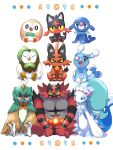  2022 ambiguous_gender anthro beak black_body black_fur blue_eyes brionne brown_body brown_feathers dartrix decidueye evolutionary_family feathers feral front_view fur generation_7_pokemon group hi_res incineroar litten looking_at_viewer nintendo pink_nose pokemon pokemon_(species) popplio primarina red_body red_fur rowlet saki_pokeoekaki simple_background sitting smile starter_trio torracat trio white_background yellow_sclera 