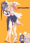  2girls absurdres against_wall bare_legs barefoot blonde_hair blue_dress blush breasts cape chibi commentary_request dress furutani_himawari ghost_hair_ornament halloween hands_on_another&#039;s_back hat highres knee_in_crotch large_breasts looking_at_another medium_hair multiple_girls oomuro_sakurako orange_background pointy_footwear standing takahero tiptoes translation_request white_cape white_dress white_footwear white_headwear witch_hat yuri yuru_yuri 