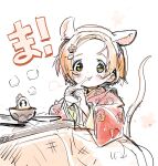  1girl animal_ears bad_id bad_twitter_id food forehead hair_ornament hairclip highres idolmaster idolmaster_cinderella_girls japanese_clothes kimono kotatsu looking_at_viewer mochi mouse_ears mouse_tail orange_hair ryuzaki_kaoru short_hair sketch smile solo table tail tsurumai_kada under_kotatsu under_table white_background yellow_eyes 