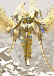  absurdres debris floating glowing glowing_eyes golden_wings gundam gundam_narrative highres looking_at_viewer mecha mechanical_wings mobile_suit no_humans nt-d open_hands robot rubble science_fiction solo taka-f unicorn_gundam_phenex v-fin wings yellow_eyes 