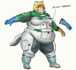  2021 anthro belly big_belly blonde_hair boots breasts cettus clothing cougar english_text felid feline female footwear fur gloves hair handwear mammal obese obese_anthro obese_female orange_body orange_fur overweight overweight_anthro overweight_female red_cross science_fiction simple_background solo spacesuit standing text white_background 
