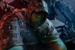  1boy backpack bag bulletproof_vest character_name green_jacket hat_under_hood highres hood hood_up hooded_jacket jacket kapkan_(rainbow_six_siege) looking_at_viewer male_focus mask mouth_mask outdoors rainbow_six_siege sasha_shkret snowing solo walkie-talkie 