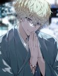 1boy absurdres blonde_hair blurry blurry_background bracelet closed_mouth commentary english_commentary gradient_hair grey_jacket grey_kimono hair_between_eyes hands_up haori head_tilt highres jacket japanese_clothes jewelry keita_kg85 kimono long_sleeves looking_at_viewer male_focus multicolored_hair nijisanji nijisanji_en open_clothes open_jacket own_hands_together praying purple_eyes short_hair smile snow snowing solo sonny_brisko upper_body virtual_youtuber wide_sleeves 