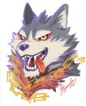  1boy animal_ears chain colored_sclera dog_boy dog_ears fangs furry furry_male fuyodo garmr_(housamo) grey_fur highres male_focus open_mouth portrait red_fur red_sclera signature simple_background solo tokyo_afterschool_summoners tongue tongue_out white_background yellow_eyes 