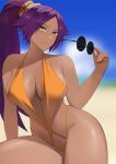  1girl bare_shoulders beach bleach blue_sky blurry blurry_background breasts cleavage collarbone dark-skinned_female dark_skin eyewear_removed highleg highleg_swimsuit highres holding holding_removed_eyewear kritta88 large_breasts long_hair looking_at_viewer nail_polish one-piece_swimsuit orange_nails orange_one-piece_swimsuit outdoors parted_bangs ponytail purple_hair round_eyewear shihouin_yoruichi sideboob skindentation sky smile solo swimsuit thick_thighs thighs toned yellow_eyes 