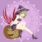 1girl bare_shoulders blue_eyes breath_of_fire breath_of_fire_v closed_mouth earrings full_body gloves halloween hat jack-o&#039;-lantern jewelry looking_at_viewer medium_hair nina_(breath_of_fire_v) purple_gloves red_wings satori_ill shorts smile solo wings witch_hat 
