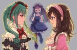  3girls aqua_hair brown_eyes brown_hair closed_eyes dress ensemble_girls! facing_another facing_viewer full_body grey_background hair_ribbon hisayoshi_(hisa) kitagawa_yuki kusaka_ayame multiple_girls purple_hair red_eyes ribbon twintails yumeji_maria 