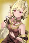  1girl absurdres adjusting_hair blonde_hair breasts brown_dress citrinne_(fire_emblem) cleavage dress earrings fire_emblem fire_emblem_engage gold_earrings highres hoop_earrings jewelry leather_wrist_straps looking_at_viewer necklace red_eyes short_hair small_breasts smile solo tamaki_(tamaki-sh) upper_body watermark wing_hair_ornament 