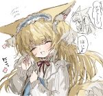  1girl animal_ear_fluff animal_ears arknights blonde_hair blush closed_eyes collared_dress dress fox_ears fox_girl fox_tail frilled_dress frilled_hairband frills hairband highres long_hair long_sleeves na_tarapisu153 neck_ribbon official_alternate_costume open_mouth red_ribbon ribbon simple_background sketch smile solo suzuran_(arknights) suzuran_(spring_praise)_(arknights) tail translated waving white_background white_dress 