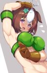  1girl @_@ ahoge arm_up armpits bandeau breasts brown_gloves brown_hair cleavage commentary_request cosplay gloves green_bandeau grey_background hair_between_eyes hair_ornament hairband highres large_breasts looking_at_viewer meisho_doto_(umamusume) midriff multicolored_hair navel open_mouth purple_eyes purple_hairband sawara_noa short_hair simple_background solo star_(symbol) star_hair_ornament streaked_hair taiki_shuttle_(umamusume) taiki_shuttle_(umamusume)_(cosplay) two-tone_background umamusume white_background white_hair 