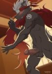  accessory aledonrex anthro athletic athletic_anthro athletic_male balls black_body black_fur blush canid canine canis domestic_dog embarrassed erection fur genitals hair headband hi_res lifewonders male mammal mostly_nude navel pecs penis scarf solo tadatomo tokyo_afterschool_summoners white_hair 