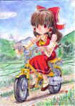  1girl ascot bare_shoulders bow brown_eyes brown_footwear detached_sleeves flower frilled_bow frilled_hair_tubes frilled_shirt_collar frilled_skirt frills full_body grass hair_bow hair_tubes hakurei_reimu medium_hair motor_vehicle motorcycle mountainous_horizon outdoors red_bow red_eyes red_flower red_ribbon red_shirt ribbon ribbon-trimmed_sleeves ribbon_trim rice_paddy shirt skirt sleeveless sleeveless_shirt socks sodbre_(takaya) solo touhou white_socks yellow_ascot yellow_flower 