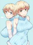  2girls bare_shoulders blonde_hair blue_background blue_eyes blush brave_witches breasts closed_mouth elbow_gloves em_(totsuzen_no_hakike) gloves green_eyes hanna_wind large_breasts looking_at_viewer looking_back multiple_girls nikka_edvardine_katajainen open_mouth short_hair simple_background sweater white_gloves world_witches_series 