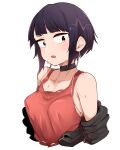  1girl absurdres audio_jack black_choker black_hair black_jacket boku_no_hero_academia brown_hair choker georugu13 highres jacket jirou_kyouka long_earlobes looking_at_viewer open_mouth red_shirt shirt short_hair sidelocks simple_background sleeveless sleeveless_shirt solo sweat white_background 