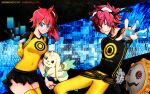  1boy 1girl 2others aiba_ami aiba_takumi black_gloves black_shirt black_skirt blue_eyes chinke copyright_name digimon digimon_story:_cyber_sleuth english_text gloves goggles goggles_on_head hagurumon highres long_hair looking_at_viewer multiple_others pants red_hair shirt short_hair side_ponytail single_glove skirt terriermon thighhighs two-tone_shirt yellow_pants yellow_shirt yellow_thighhighs 