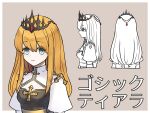  1girl arch_bishop_(ragnarok_online) blonde_hair blue_eyes breasts bright_pupils brown_background brown_dress cleavage_cutout closed_mouth clothing_cutout commentary_request cross crown dress gem hair_between_eyes juliet_sleeves kusabi_(aighe) long_bangs long_hair long_sleeves looking_at_viewer multiple_views puffy_sleeves ragnarok_online red_gemstone simple_background small_breasts smile translation_request two-tone_dress upper_body white_dress white_pupils 