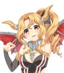  1girl arm_behind_head arm_up bare_shoulders bat_wings blonde_hair breasts brilluen_(mabinogi) cleavage clip_studio_paint_(medium) clothing_cutout demon_girl demon_horns detached_sleeves drill_hair drill_ponytail fang grey_sleeves hair_intakes hand_up horns long_hair long_sleeves looking_at_viewer mabinogi medium_breasts mole mole_under_mouth open_mouth orange_eyes pointy_ears red_wings side_cutout simple_background skin_fang smile solo toujou_mina upper_body white_background wings yellow_horns 