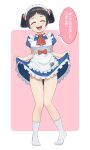  1girl :d absurdres apron artist_request black_hair boku_to_roboco closed_eyes commentary_request dress eyelashes happy headdress highres looking_at_viewer maid maid_apron maid_headdress medium_hair open_mouth roboco_(boku_to_roboco) smile socks solo speech_bubble 