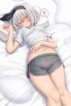  1girl bed_sheet black_hairband black_ribbon blue_eyes blush dolphin_shorts feet_out_of_frame fingernails grey_hair grey_shorts hair_between_eyes hair_ribbon hairband heart highres konpaku_youmu navel otowa_(otoha4634) ribbon shirt short_hair short_sleeves shorts signature solo spoken_heart tongue tongue_out touhou white_shirt 