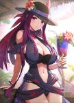  1girl bare_shoulders black_headwear black_one-piece_swimsuit breasts casual_one-piece_swimsuit cleavage clothing_cutout cocktail_glass cup dress dress_swimsuit drink drinking_glass fire_emblem fire_emblem_engage fire_emblem_heroes flower gonzarez hat hat_flower highres holding holding_cup ivy_(fire_emblem) ivy_(summer)_(fire_emblem) large_breasts long_hair looking_at_viewer mole mole_under_mouth official_alternate_costume one-piece_swimsuit outdoors palm_tree parted_lips purple_eyes purple_hair see-through_headwear sitting solo stomach_cutout sunlight swimsuit tree tropical_drink 