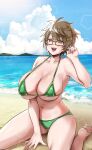  1girl :d aussa_(yu-gi-oh!) aussa_the_earth_charmer bare_shoulders beach between_legs bikini blue_sky breasts brown_eyes brown_hair cleavage cloud collarbone commentary_request day duel_monster glasses green_bikini hair_between_eyes hand_between_legs hand_up highres huge_breasts kaisen_pasta lens_flare navel ocean open_mouth outdoors shadow short_hair sidelocks sitting sky smile solo stomach swimsuit teeth upper_teeth_only wariza yu-gi-oh! 