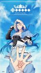  1boy 1other black_gloves blue_hair blue_sky bracelet capelet command_spell cu_chulainn_(caster)_(fate) cu_chulainn_(fate) dated earrings elbow_gloves english_text fate/grand_order fate_(series) fgo_moyashi fingerless_gloves fur-trimmed_hood fur_trim gloves highres hood hood_up hooded_capelet jewelry long_hair looking_at_viewer male_focus outdoors red_eyes ring signature sky smile solo 