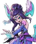  1girl :d arm_up bare_shoulders blue_sleeves breasts detached_sleeves dress gem green_eyes hair_bun hair_ornament large_breasts league_of_legends morgana_(league_of_legends) multiple_wings nail_polish phantom_ix_row pink_dress pink_nails pink_sleeves pointy_ears simple_background single_hair_bun smile solo teeth tongue white_background wings 