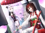  2girls arm_warmers bare_shoulders board bow_hairband brown_hair bush cherry_blossoms clothing_cutout dango day falling_petals food hairband hammer headband headgear highres holding holding_hammer japanese_clothes kannagiri_nagamitsu_(tenka_hyakken) katana kimono kuji_kanesada_(tenka_hyakken) long_hair long_sleeves low_tied_sidelocks multiple_girls nail obi oil-paper_umbrella open_mouth outdoors over_shoulder pantyhose petals plaid plaid_skirt purple_eyes red_eyes red_skirt rurushia sanshoku_dango sash sheath sheathed sitting skirt smile sword tenka_hyakken thigh_cutout umbrella wagashi weapon white_hair white_kimono white_pantyhose wide_sleeves 