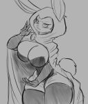  alternate_species anthro big_breasts blush breasts buckteeth bunny_raven cleavage cloak clothed clothing dc_comics female hi_res huge_breasts lagomorph legwear leporid mammal monochrome rabbit raven_(dc) solo solratic squish teeth thick_thighs thigh_highs thigh_squish 