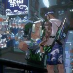  2boys arm_tattoo bamashengze beard blue_shorts bow_(weapon) brothers closed_mouth facial_hair genji_(overwatch) green_shirt hanzo_(overwatch) highres holding holding_bow_(weapon) holding_weapon indoors japanese_clothes looking_at_viewer multiple_boys official_alternate_costume open_clothes open_shirt overwatch overwatch_1 sandals scar scar_on_stomach shirt short_hair shorts siblings socks spread_legs tattoo towel towel_around_neck weapon white_headwear white_shirt white_socks 