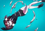  1other aqua_background arms_up black_footwear black_gloves black_necktie cinnabar_(houseki_no_kuni) closed_mouth elbow_gloves facing_to_the_side floating floating_hair foot_out_of_frame frown gem_uniform_(houseki_no_kuni) gloves glowing glowing_hair hair_between_eyes houseki_no_kuni knee_up light_particles long_hair looking_at_viewer mercury_(element) necktie nikomi_(nikomix) other_focus red_eyes red_hair shoes sideways_glance simple_background solo sparkle suit upside-down 
