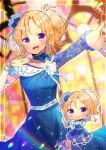 1girl :d bare_shoulders blonde_hair blue_bow blue_dress blurry blurry_background bow breasts chibi chibi_inset closed_mouth collarbone commentary_request depth_of_field dress idolmaster idolmaster_cinderella_girls kiryu_tsukasa_(idolmaster) kou_hiyoyo long_sleeves looking_at_viewer multiple_views off_shoulder outstretched_arm parted_bangs ponytail purple_eyes sidelocks single_sleeve small_breasts smile stained_glass 