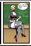  2018 aducksomewhere anatid anseriform anthro avian beak bird black_choker black_jewelry black_necklace chalkboard choker classroom clothing comic_panel duck ducky_(aducksomewhere) english_text eyeshadow female fishnet fishnet_legwear fishnet_thigh_highs footwear girly hi_res high_heels holding_object jewelry jijis-waifus legwear lipstick looking_at_viewer makeup male_(lore) necklace red_eyeshadow red_high_heels red_lipstick school sitting_on_desk solo speech_bubble teacher text white_body yellow_eyes 