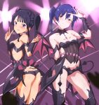  2girls alternate_hairstyle ass bare_shoulders bikini black_bikini black_collar black_hair black_hairband black_sleeves black_thighhighs blue_eyes blue_hair blush bow breasts breath brown_eyes cleavage closed_mouth collar commentary_request cowboy_shot demon_horns demon_tail demon_wings detached_collar detached_sleeves fake_horns fake_tail fake_wings flying_sweatdrops hair_bow hairband hands_up highres horns idolmaster idolmaster_(classic) idolmaster_million_live! idolmaster_million_live!_theater_days idolmaster_starlit_season kisaragi_chihaya laser long_hair looking_at_viewer midriff mogami_shizuka multiple_girls open_mouth pink_nails rqm55 shy small_breasts smile stage stage_lights standing sweatdrop swimsuit tail thighhighs twintails v w wings 