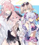  4girls ^_^ ahoge azusa_(blue_archive) azusa_(swimsuit)_(blue_archive) bikini black_bikini black_wings blue_archive blush bow closed_eyes eyewear_on_head flower grey_hair hair_bow hair_flower hair_ornament halo hanako_(blue_archive) hanako_(swimsuit)_(blue_archive) head_wings hifumi_(blue_archive) hifumi_(swimsuit)_(blue_archive) highres koharu_(blue_archive) koharu_(swimsuit)_(blue_archive) light_brown_hair make-up_work_club_(blue_archive) multiple_girls navel nyou_0 pink_hair shirt simple_background stomach sunglasses swimsuit white_shirt wings 