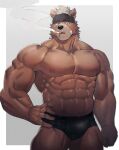  1boy abs bandaid bandaid_on_cheek bandaid_on_face bara black_headband black_male_underwear briefs brown_fur bulge cigarette feet_out_of_frame furry furry_male hand_on_own_hip headband highres jitome large_pectorals looking_to_the_side male_focus male_underwear muscular muscular_male navel neumo nipples original pectorals short_hair smoking solo stomach strongman_waist thick_eyebrows thick_thighs thighs topless_male underwear 