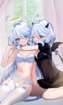  2girls absurdres angel_wings bat_wings black_bra black_dress black_panties blue_eyes blue_hair bra demon_horns demon_tail dress furina_(genshin_impact) genshin_impact grey_hair heterochromia highres horns lingerie long_hair mismatched_pupils multicolored_hair multiple_girls navel one_eye_closed panties rrr_gns_(riuriu_1212) stomach tail thighhighs tongue tongue_out underwear white_bra white_panties white_thighhighs wings 