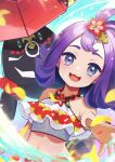  1girl acerola_(pokemon) acerola_(sygna_suit)_(pokemon) blue_eyes hachimitsu_monte looking_at_viewer midriff navel official_alternate_costume open_mouth outstretched_arm petals pokemon pokemon_(creature) pokemon_(game) pokemon_masters_ex purple_hair signature smile sparkle tapu_bulu upper_body 