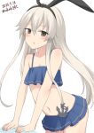  1girl akahi242 bare_arms bare_legs bare_shoulders bikini blonde_hair blue_bikini blush cowboy_shot dated grey_eyes hair_between_eyes highres kantai_collection long_hair navel one-hour_drawing_challenge open_mouth shimakaze_(kancolle) simple_background solo swimsuit twitter_username white_background 