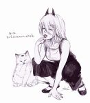  1girl absurdres bag cat chainsaw_man closed_eyes dress_pants fingernails flats highres horns licking licking_finger licking_paw licking_self long_hair meowy_(chainsaw_man) monochrome nose power_(chainsaw_man) simple_background squatting svveetberry tank_top white_cat 