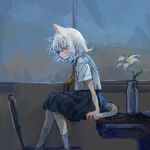  1girl animal_ears artist_self-insert black_skirt blue_eyes blue_sailor_collar cat_ears cat_girl cat_tail chair classroom commentary desk feet_out_of_frame flower from_side half-closed_eyes highres indoors lily_(flower) looking_at_viewer looking_to_the_side memorial_on_desk messy_hair neckerchief on_desk original pleated_skirt profile sad_smile sailor_collar sayonaka_megumo school_chair school_desk school_uniform serafuku shirt short_hair sitting sitting_on_desk skirt socks solo tail vase white_flower white_hair white_shirt white_socks yellow_neckerchief 