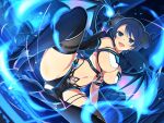  1girl asymmetrical_gloves bare_shoulders bat_wings black_choker black_gloves black_horns black_tail black_thighhighs blue_eyes blue_fire blue_hair blunt_bangs blush bowl_cut brazier breasts choker cleavage curled_horns demon_girl demon_horns demon_tail demon_wings elbow_gloves energy fire gloves groin high_heels highres horns large_breasts linea_alba looking_at_viewer magic_circle mismatched_gloves navel night night_sky official_alternate_costume official_art open_mouth senran_kagura senran_kagura_new_link senran_kagura_shinovi_versus short_hair single_elbow_glove sky smile solo star_(sky) starry_sky tail thigh_strap thighhighs underboob wings yaegashi_nan yozakura_(senran_kagura) 
