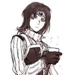  1girl circlet closed_mouth cup gensou_suikoden gensou_suikoden_v gloves greyscale holding holding_cup long_hair looking_at_viewer lorelai_(suikoden) mikisato monochrome simple_background solo sweater turtleneck turtleneck_sweater white_background 