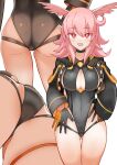  1girl adjusting_clothes adjusting_swimsuit ass ass_visible_through_thighs black_one-piece_swimsuit blush breasts choker cleavage cleavage_cutout clothing_cutout commentary_request fate/grand_order fate_(series) gloves head_wings highleg highleg_swimsuit highres hildr_(fate) hildr_(swimsuit_assassin)_(fate) jacket large_breasts long_hair long_sleeves looking_at_viewer one-piece_swimsuit open_mouth pink_hair red_eyes simple_background smile swimsuit thigh_gap thighs valkyrie_(fate) white_background wings yoosai 