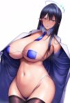  1girl bikini black_hair blue_archive blue_bikini blue_halo blue_necktie blush breasts detached_collar eyepatch_bikini glasses highres huge_breasts jacket long_hair looking_at_viewer navel necktie ootori_subaru open_clothes open_jacket parted_lips pointy_ears rin_(blue_archive) simple_background skindentation solo swimsuit thighhighs two-sided_fabric two-sided_jacket white_background 