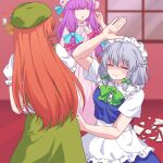  3girls apron baggy_clothes beret blunt_bangs braid broken_plate china_dress chinese_clothes dress grey_hair hat highres hong_meiling izayoi_sakuya kaoling maid maid_apron maid_headdress mob_cap multiple_girls patchouli_knowledge plate puffy_sleeves purple_hair red_hair touhou twin_braids 