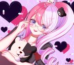  #compass 1girl :p absurdres artist_name bear_hair_ornament black_shirt bow check_copyright collarbone copyright_request danganronpa:_trigger_happy_havoc danganronpa_(series) enoshima_junko glasses grin hair_ornament hand_up heart highres hiiroaya megumegu monokuma multicolored_hair nail_polish pink_background pink_eyes pink_hair pink_nails ponytail red_bow shirt shirt_bow smile solo split-color_hair teeth tongue tongue_out two-tone_hair white_hair 