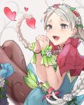  1girl ahoge black_pantyhose blue_eyes blue_flower butterfly_wings capelet fire_emblem fire_emblem_fates fire_emblem_heroes flower flower_bracelet fujoshi green_bracelet hair_flower hair_ornament hairband heart highres nina_(fire_emblem) nina_(resplendent)_(fire_emblem) open_mouth own_hands_together pantyhose pink_capelet sakura_no_yoru sitting solo white_hair wings 