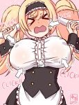  &gt;_&lt; 1girl alternate_costume blonde_hair blush breasts fleur_de_lapin_uniform gambier_bay_(kancolle) gradient_background hair_between_eyes hairband kanon_(kurogane_knights) kantai_collection large_breasts long_hair molestation one-hour_drawing_challenge open_mouth pink_background short_sleeves twintails upper_body 